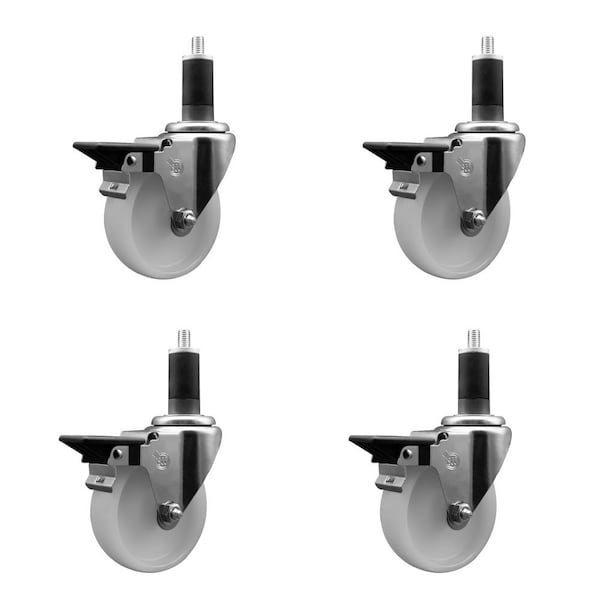 4'' Nylon Swivel 1-1/4'' Expanding Stem Caster Set with Brake, 4PK